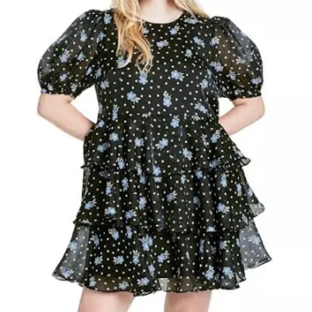 Target x Sandy Liang Black Floral Short Sheer Sleeve Tiered Ruffle Mini Dress M